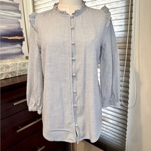 LC Lauren Conrad cotton button-down chambray shirt with ruffles. Size XS